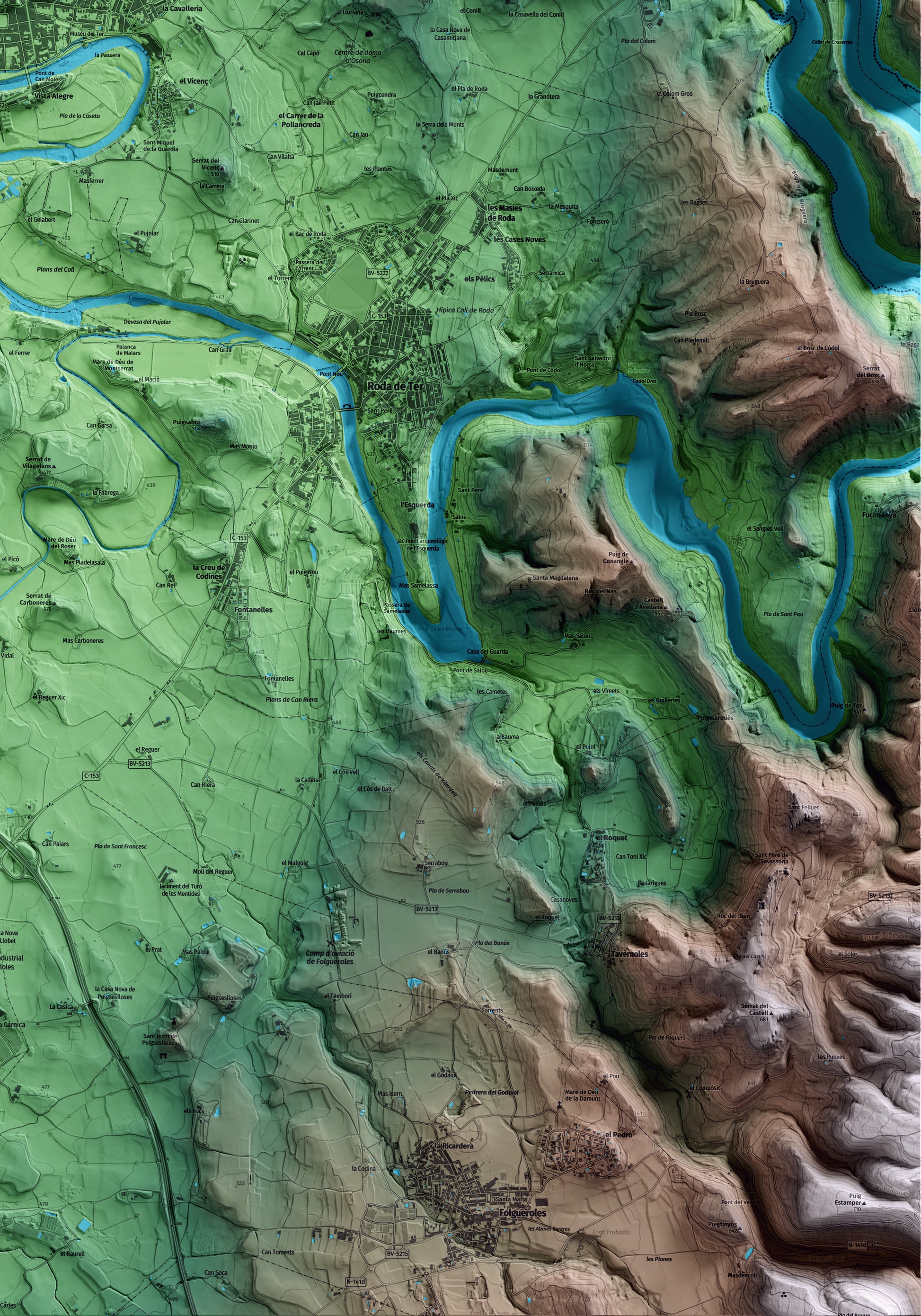 Mapa artístico del relieve de Manlleu, a Osona, con 15 km de entorno y base topográfica ICGC. Detalle de la zona inferior derecha.