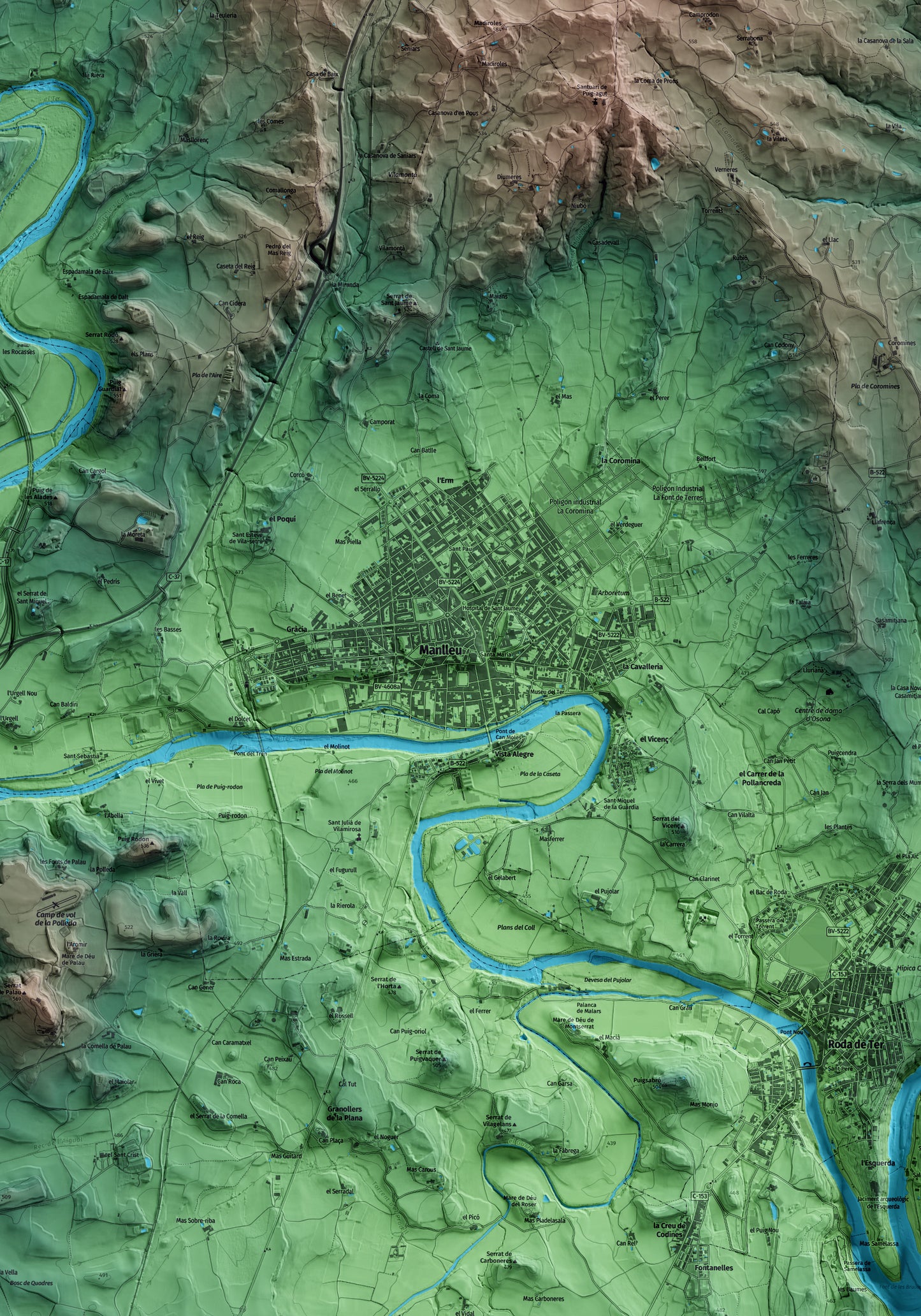 Mapa artístico del relieve de Manlleu, a Osona, con 15 km de entorno y base topográfica ICGC. Detalle de la zona central.