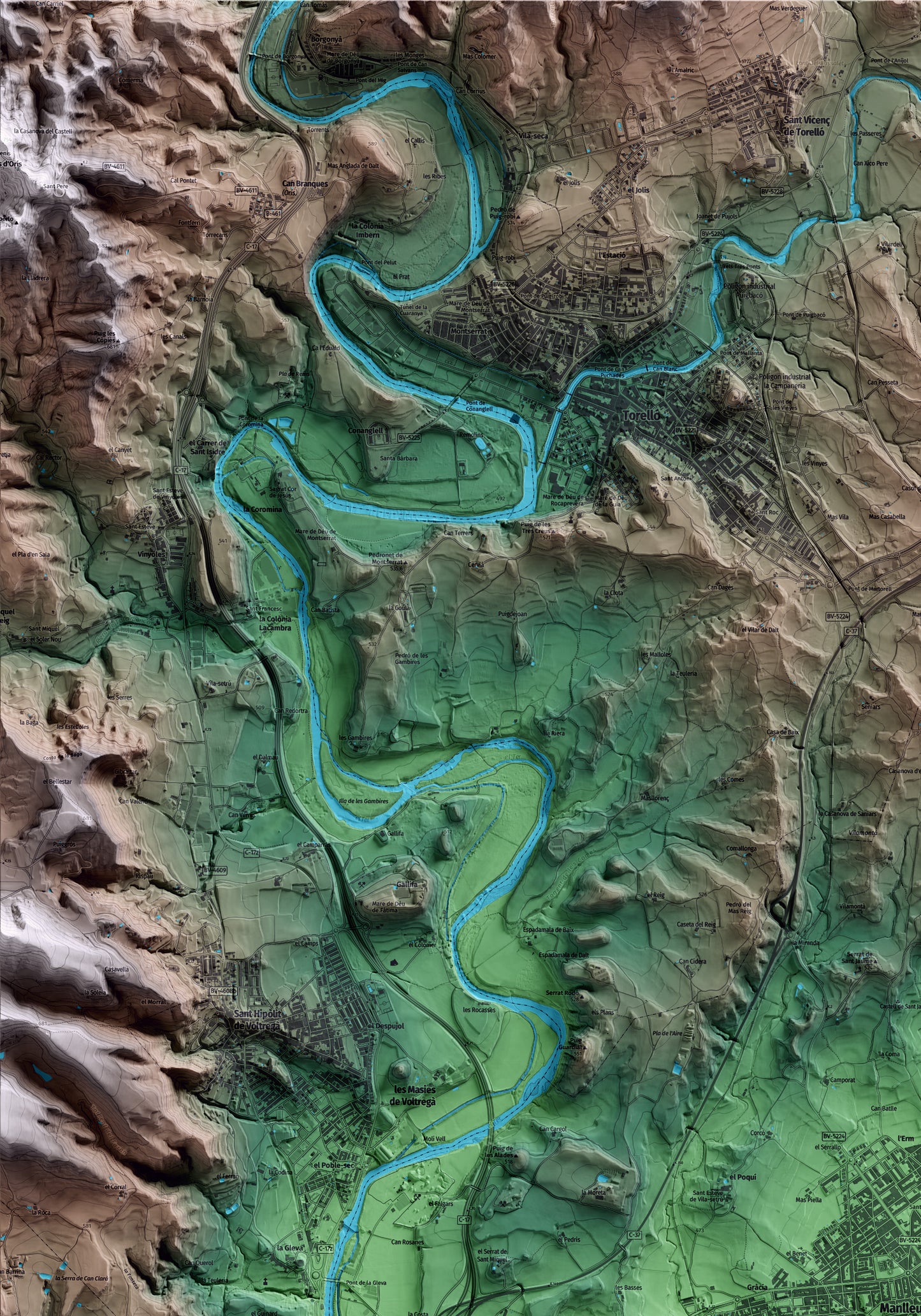 Mapa artístico del relieve de Manlleu, a Osona, con 15 km de entorno y base topográfica ICGC. Detalle de la zona superior izquierda.
