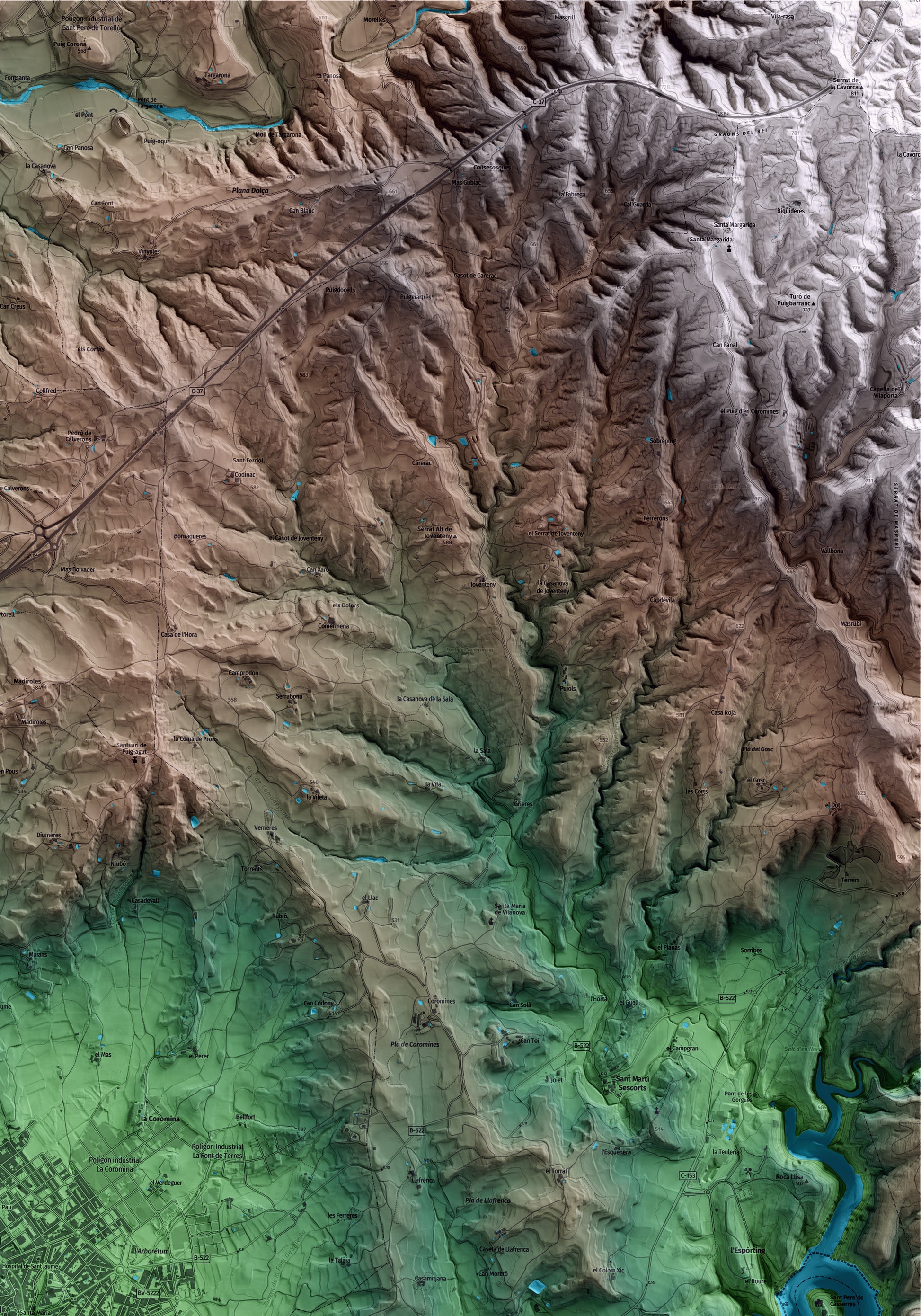 Mapa artístico del relieve de Manlleu, a Osona, con 15 km de entorno y base topográfica ICGC. Detalle de la zona superior derecha.