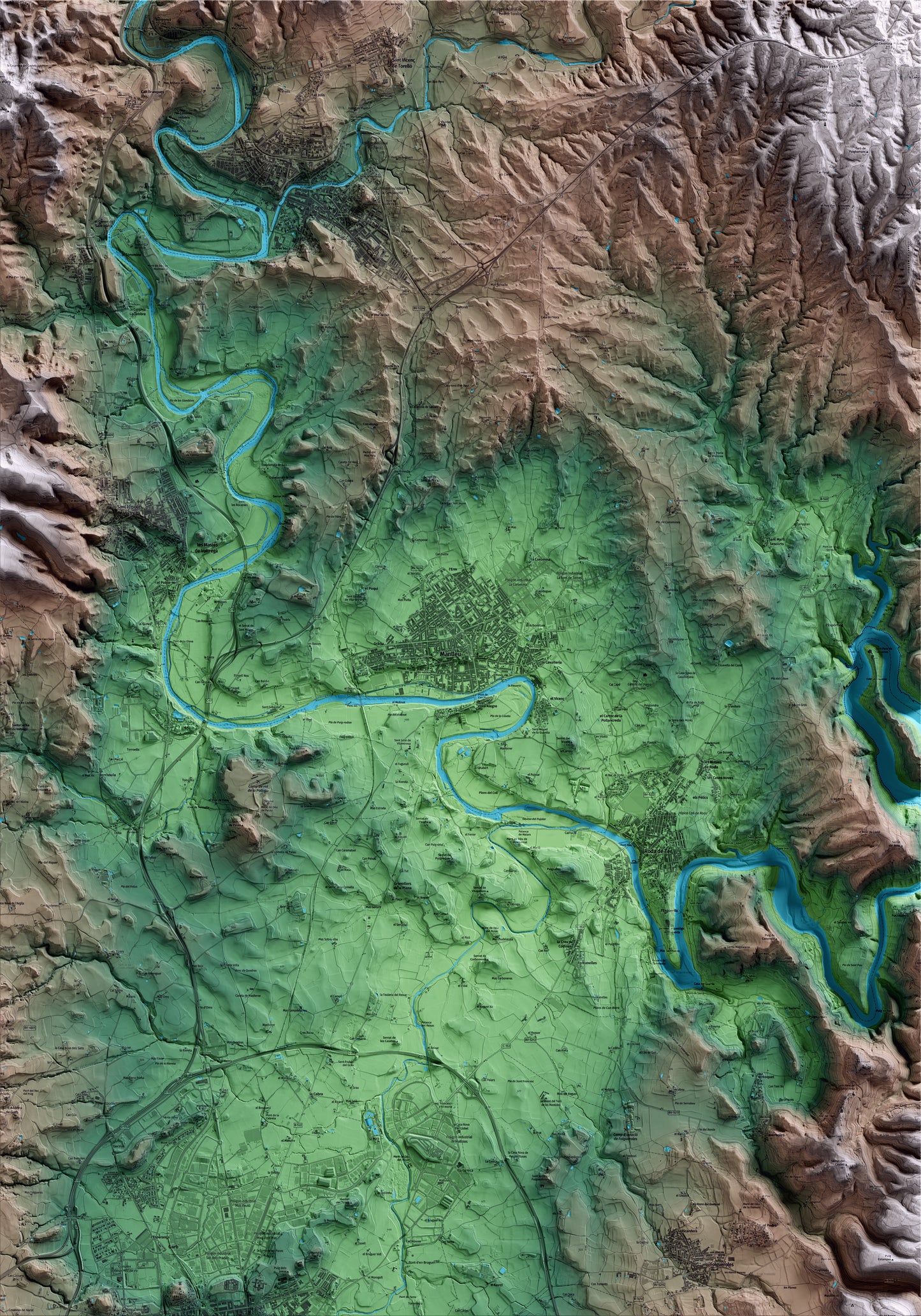 Mapa artístico del relieve de Manlleu, a Osona, con 15 km de entorno y base topográfica ICGC