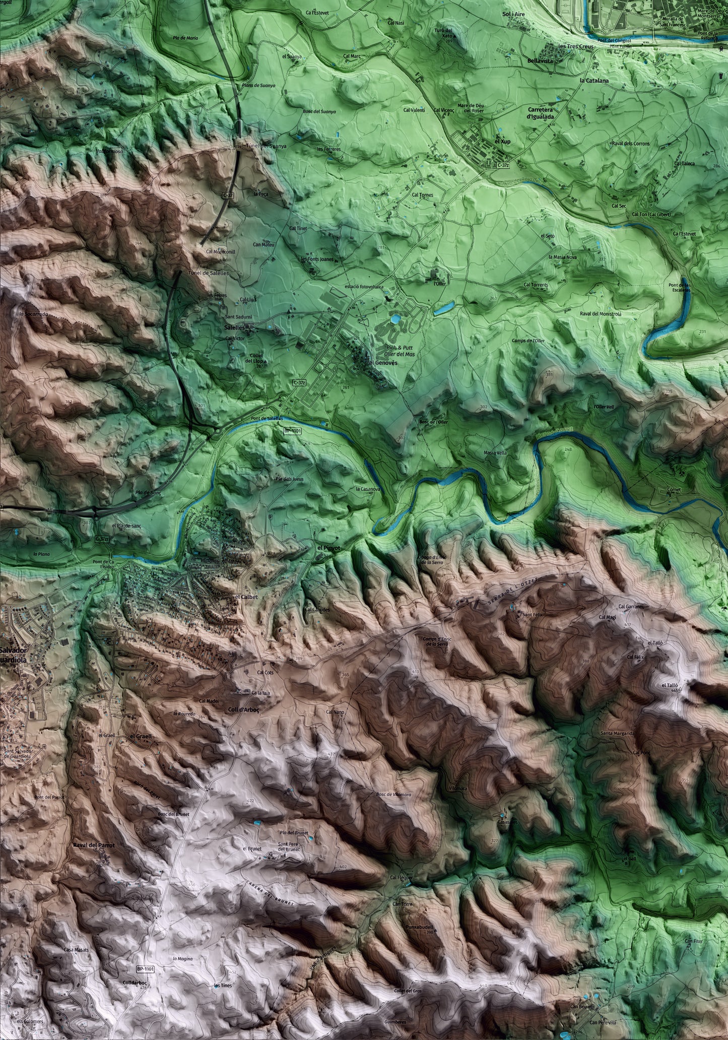 Mapa artístic del relleu de Manresa, al Bages, amb 15 km d’entorn i base topogràfica ICGC. Detall de la zona inferior esquerra.
