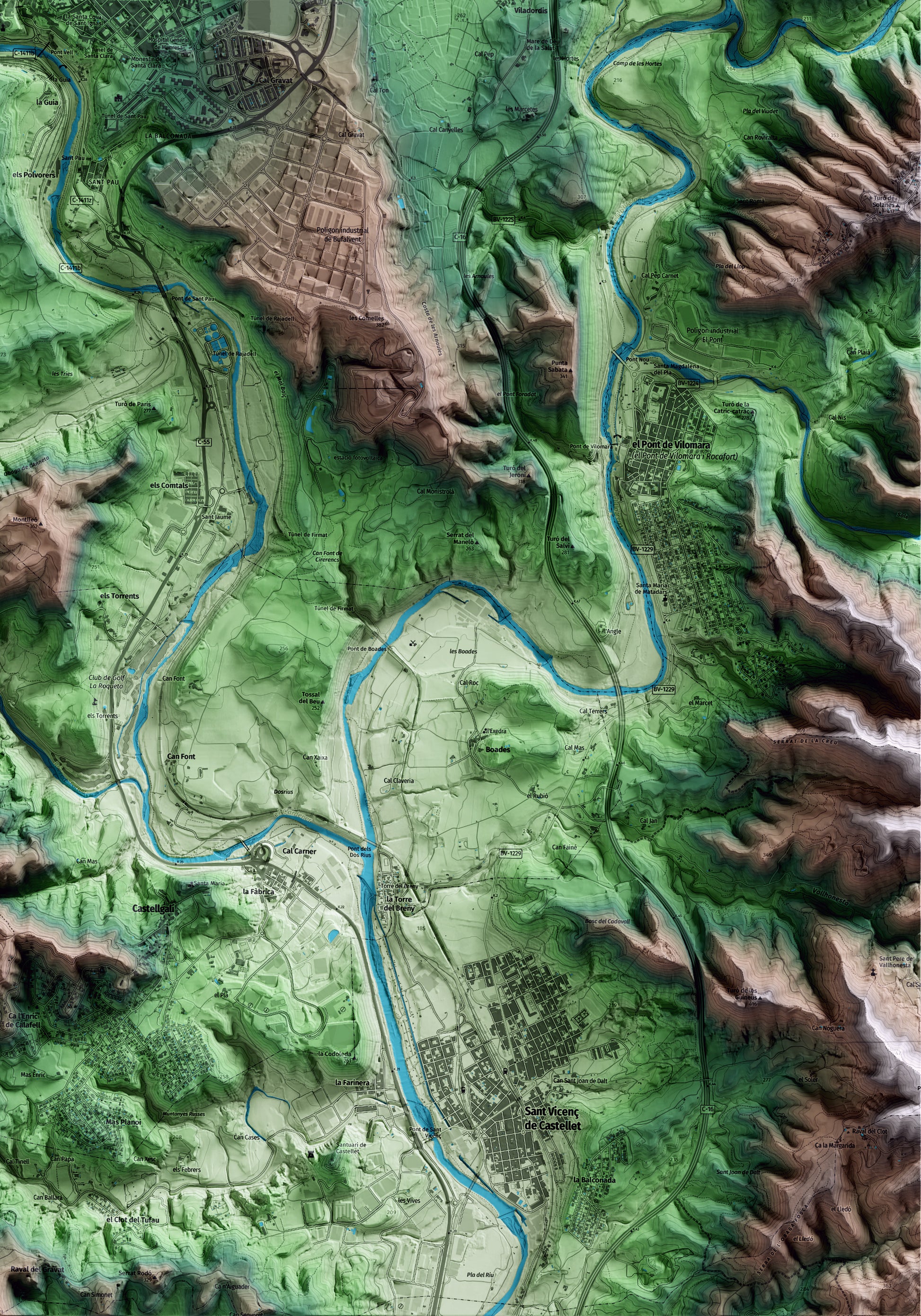 Mapa artístic del relleu de Manresa, al Bages, amb 15 km d’entorn i base topogràfica ICGC. Detall de la zona inferior dreta.