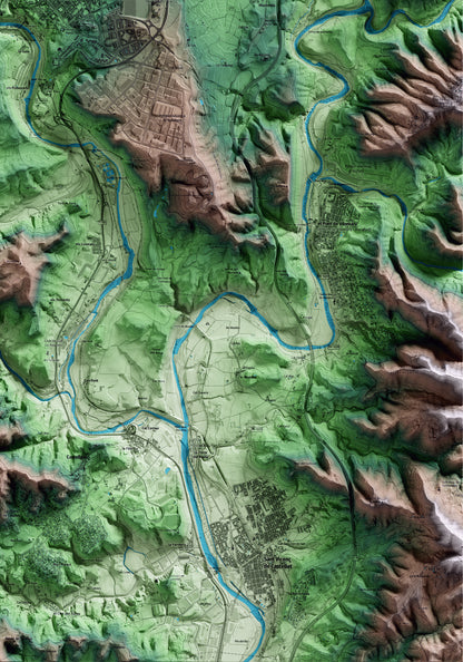 Mapa artístic del relleu de Manresa, al Bages, amb 15 km d’entorn i base topogràfica ICGC. Detall de la zona inferior dreta.