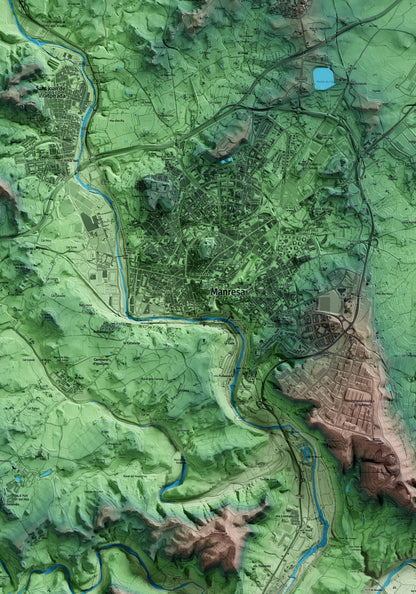 Mapa artístic del relleu de Manresa, al Bages, amb 15 km d’entorn i base topogràfica ICGC. Detall de la zona central.