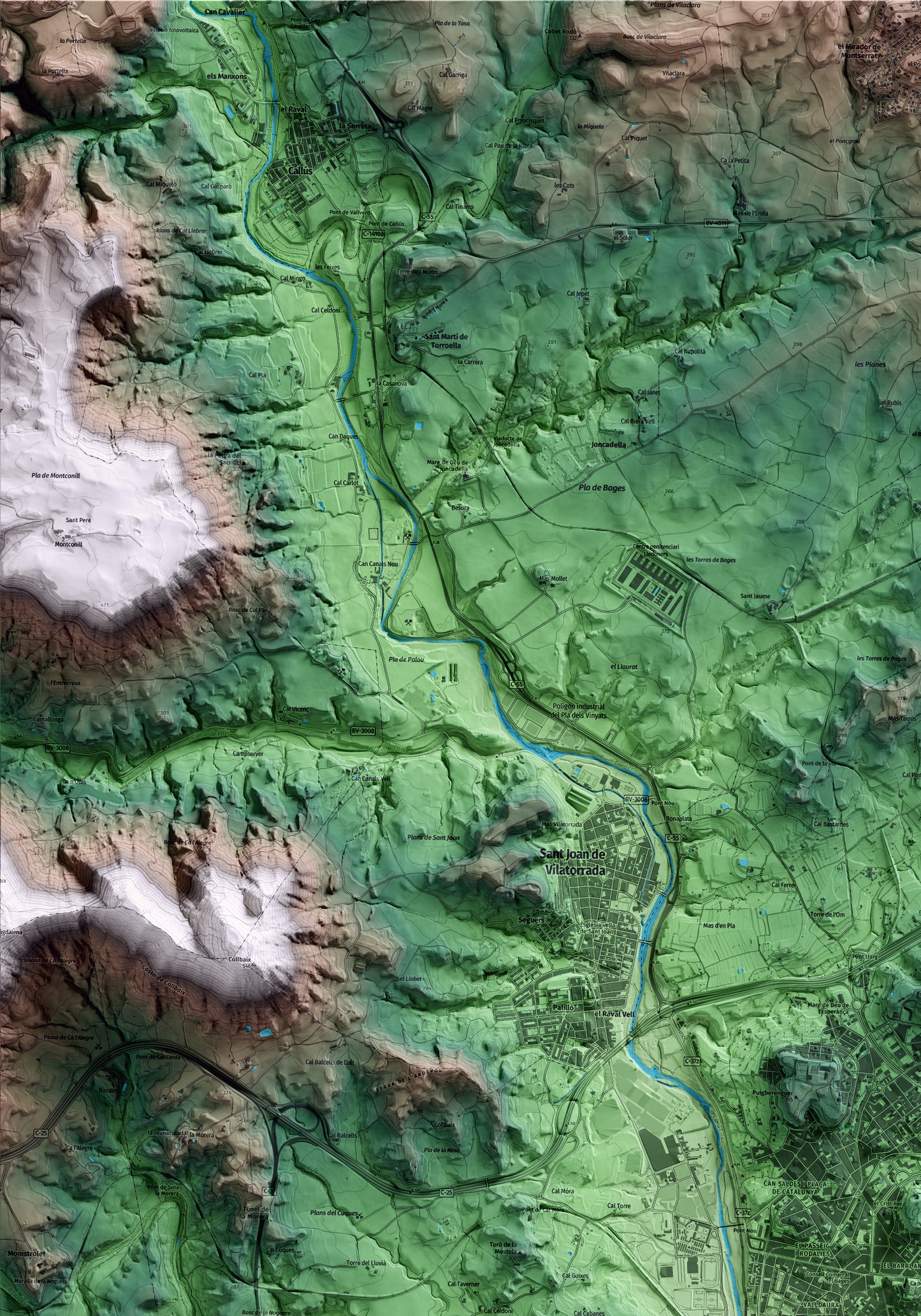 Mapa artístic del relleu de Manresa, al Bages, amb 15 km d’entorn i base topogràfica ICGC. Detall de la zona superior esquerra.