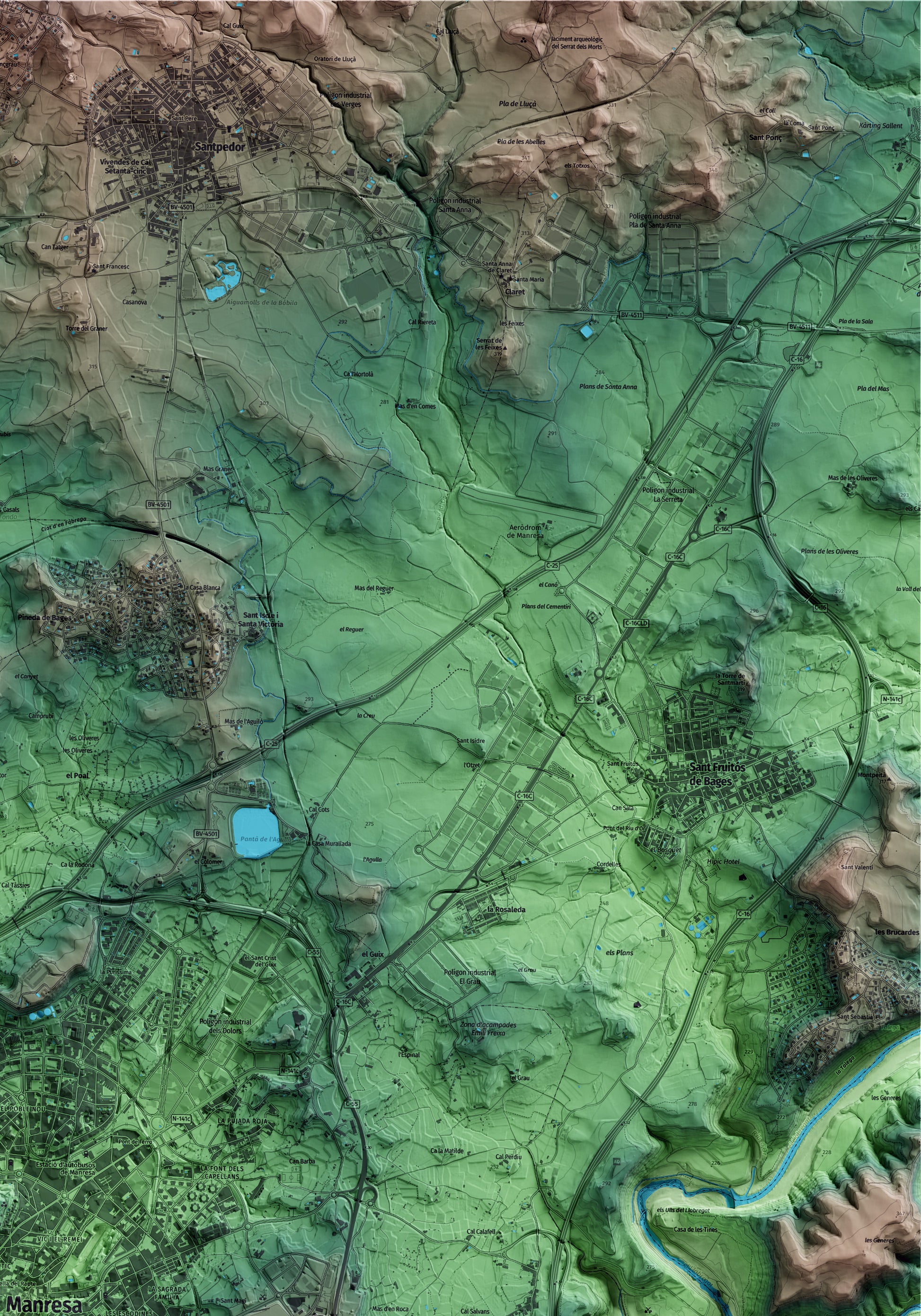 Mapa artístic del relleu de Manresa, al Bages, amb 15 km d’entorn i base topogràfica ICGC. Detall de la zona superior dreta.