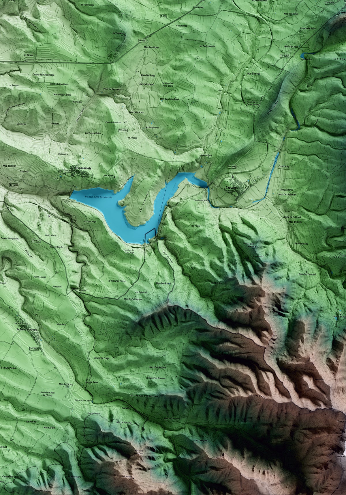 Mapa artístico del relieve de Marçà, al Priorat, con 15 km de entorno y base topográfica ICGC. Detalle de la zona inferior izquierda.