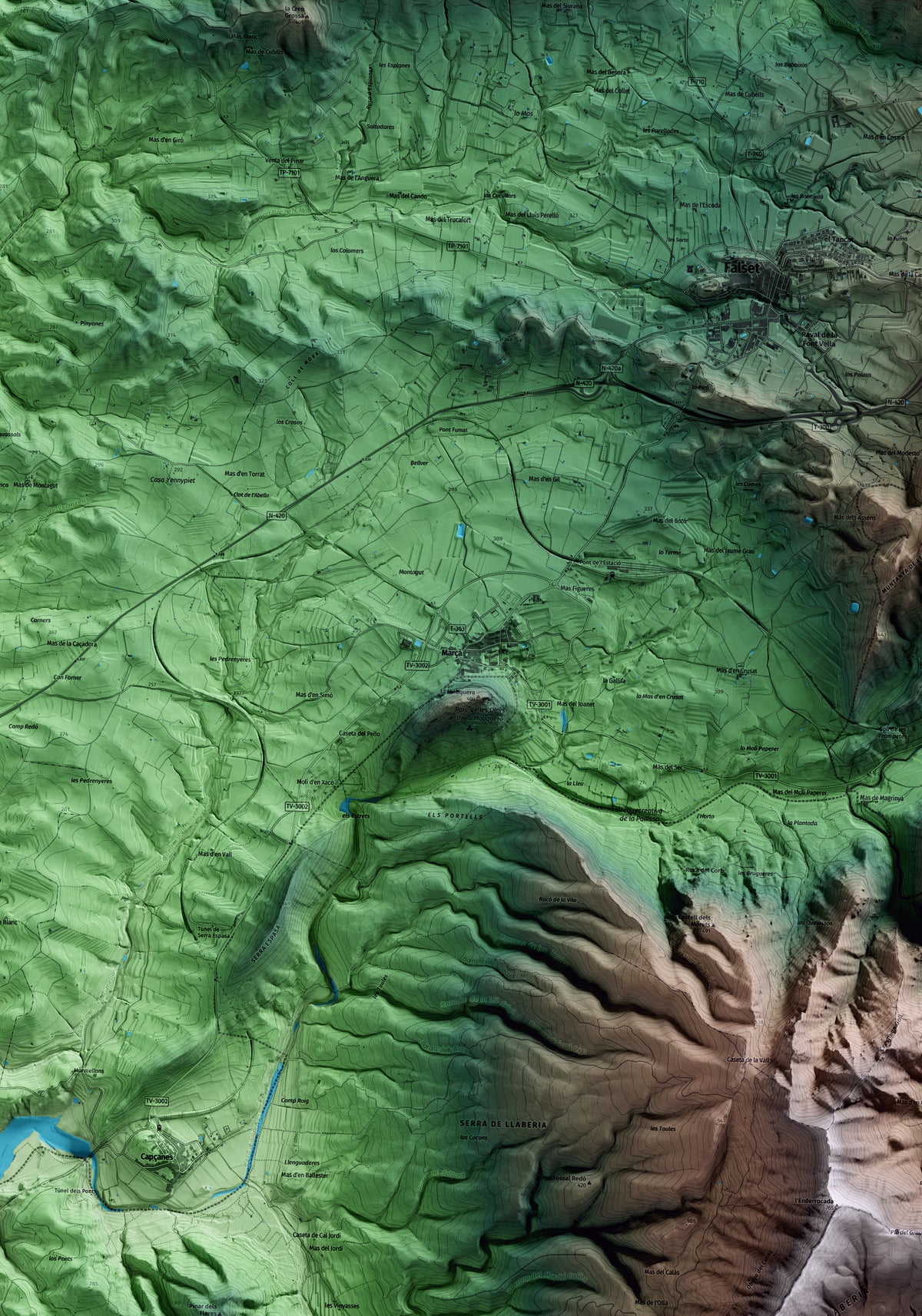 Mapa artístico del relieve de Marçà, al Priorat, con 15 km de entorno y base topográfica ICGC. Detalle de la zona central.