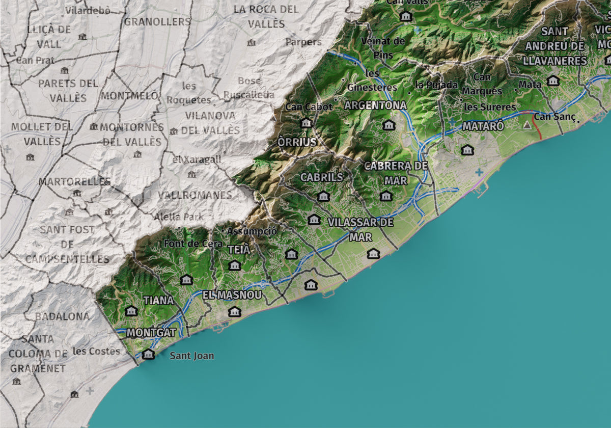 Mapa de relleu del Maresme, amb el territori en color i l’entorn en blanc. Detall de la part inferior esquerra. 21 × 30 cm. Estil Clàssic.