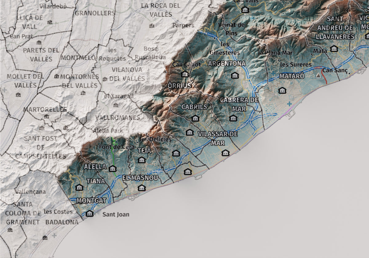 Mapa de relleu del Maresme, amb el territori en color i l’entorn en blanc. Detall de la part inferior esquerra. 21 × 30 cm. Estil Blau i taronja.