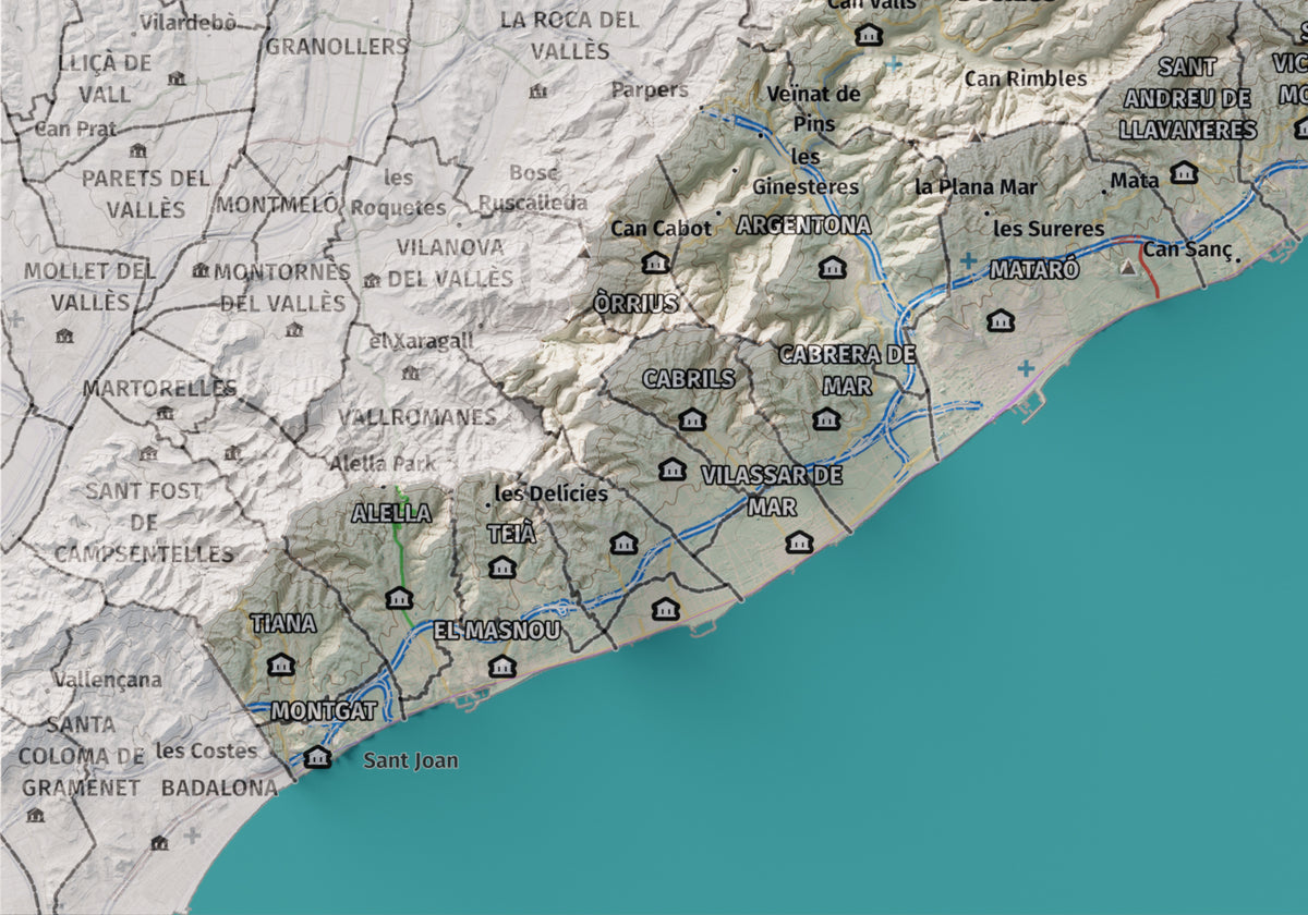 Mapa de relleu del Maresme, amb el territori en color i l’entorn en blanc. Detall de la part inferior esquerra. 21 × 30 cm. Estil Cartogràfic.