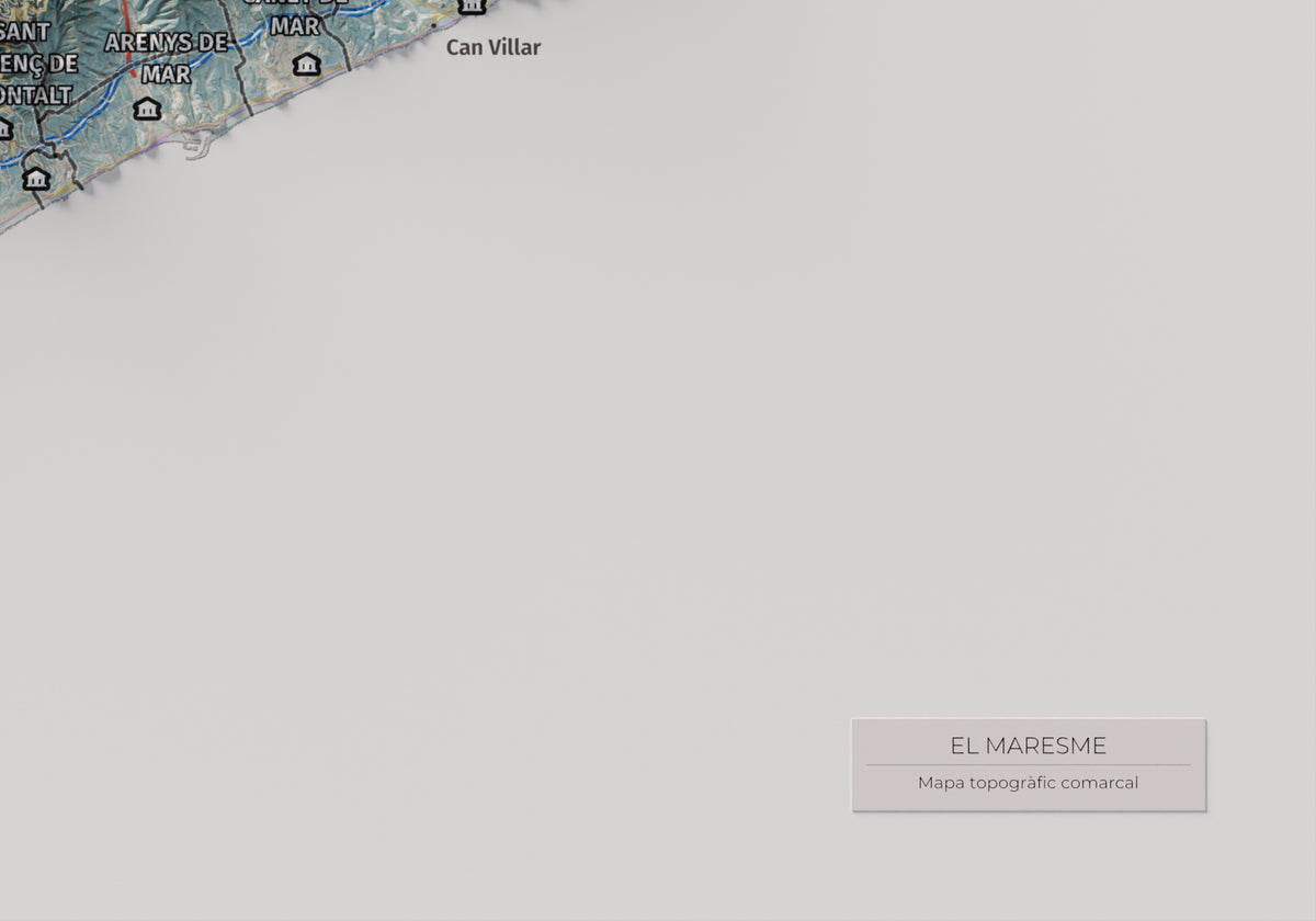 Mapa de relleu del Maresme, amb el territori en color i l’entorn en blanc. Detall de la part inferior dreta. 21 × 30 cm. Estil Blau i taronja.