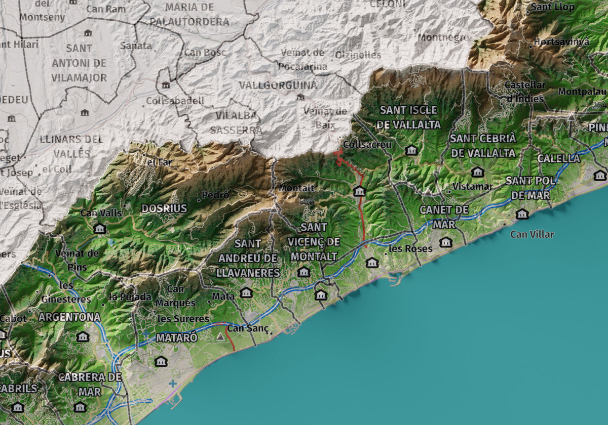 Mapa de relleu del Maresme, amb el territori en color i l’entorn en blanc. Detall de la part central. 21 × 30 cm. Estil Clàssic.