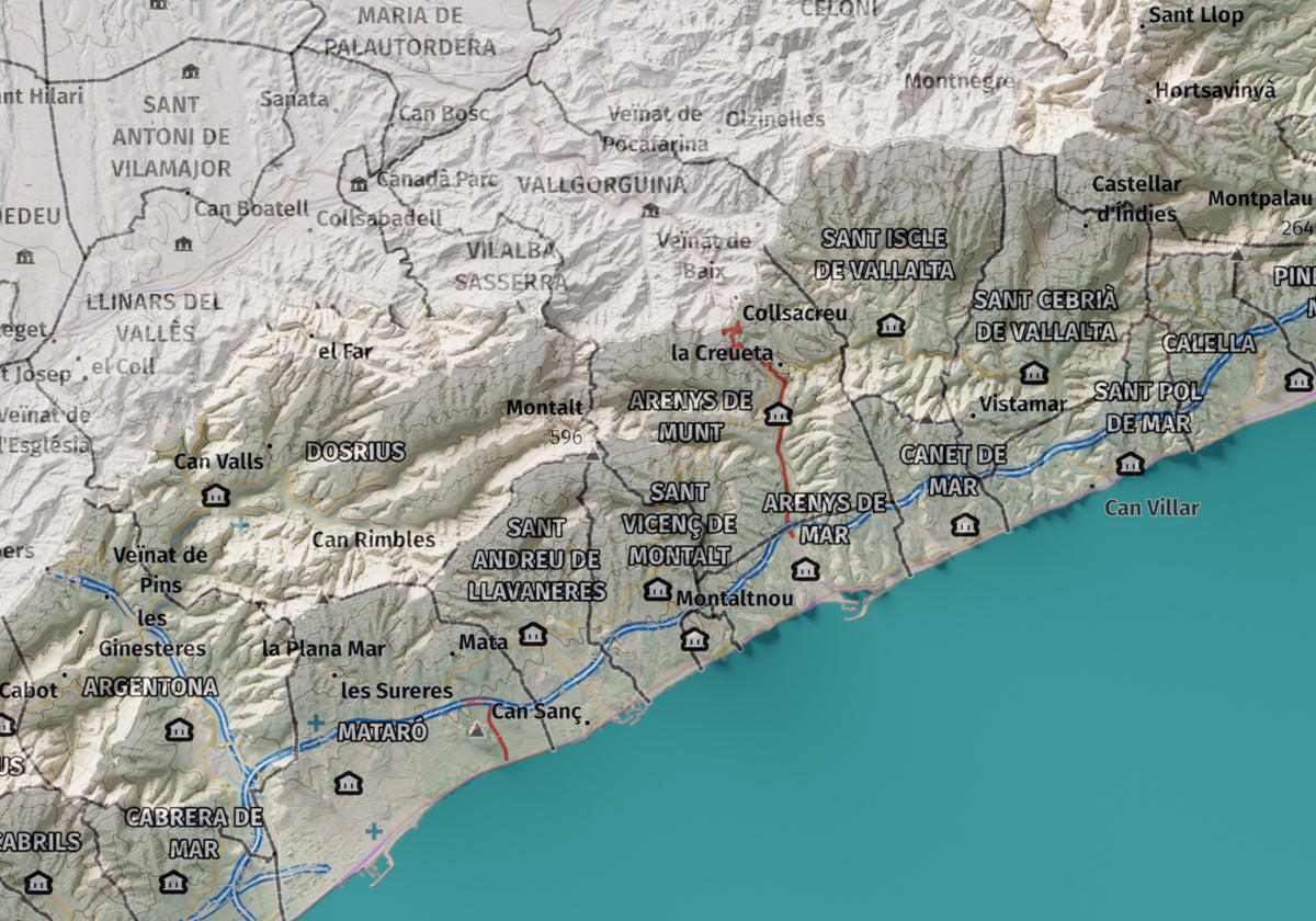 Mapa de relleu del Maresme, amb el territori en color i l’entorn en blanc. Detall de la part central. 21 × 30 cm. Estil Cartogràfic.