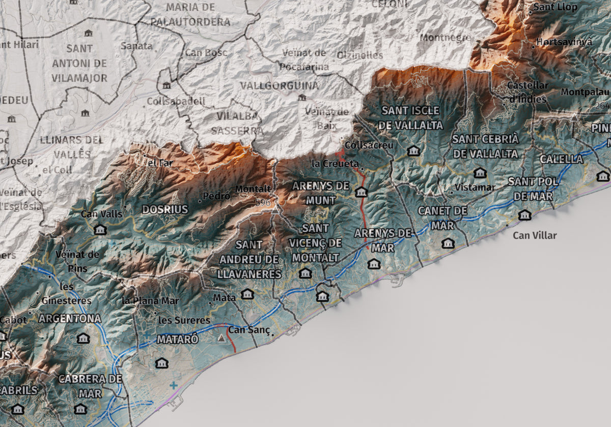 Mapa de relleu del Maresme, amb el territori en color i l’entorn en blanc. Detall de la part central. 21 × 30 cm. Estil Blau i taronja.