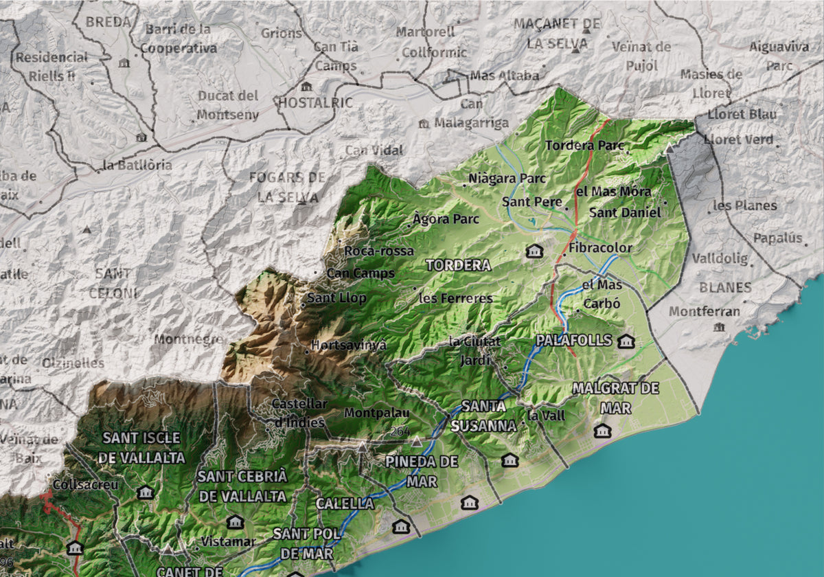 Mapa de relleu del Maresme, amb el territori en color i l’entorn en blanc. Detall de la part superior dreta. 21 × 30 cm. Estil Clàssic.