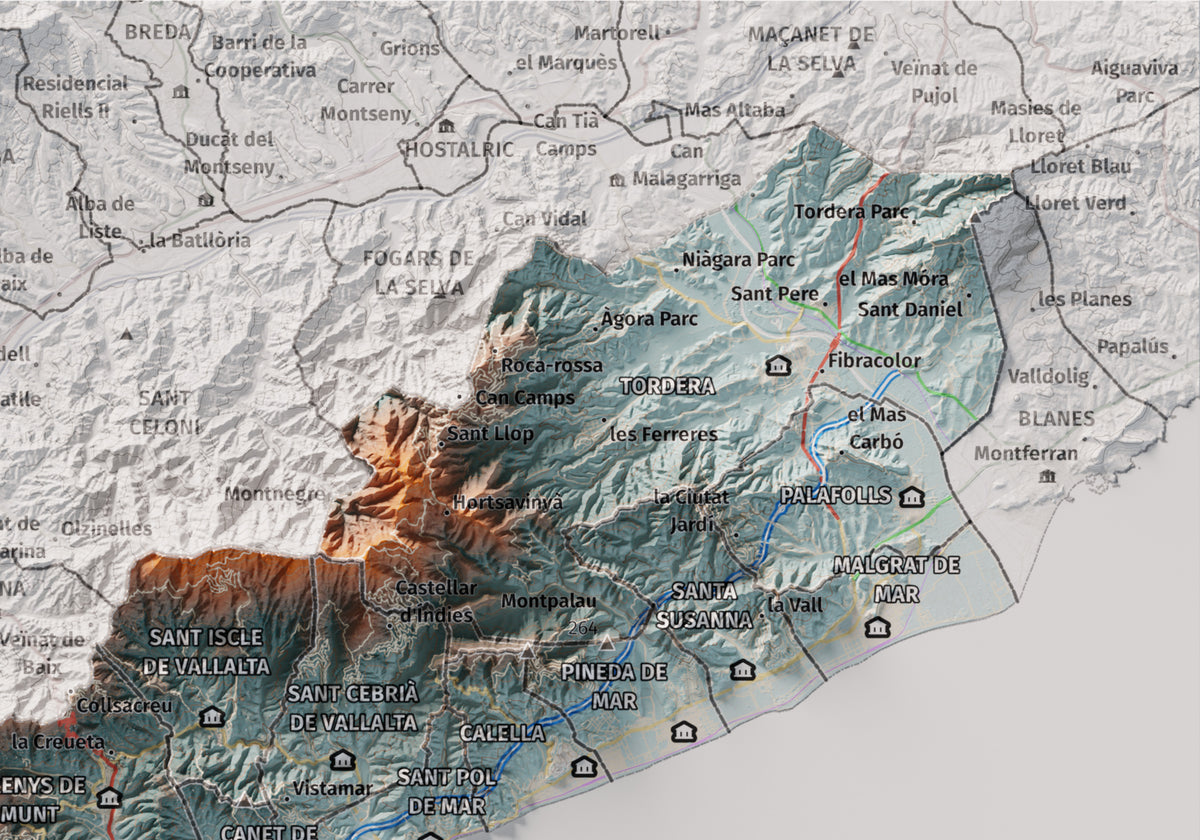 Mapa de relleu del Maresme, amb el territori en color i l’entorn en blanc. Detall de la part superior dreta. 21 × 30 cm. Estil Blau i taronja.