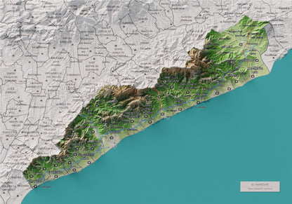 Mapa de relleu del Maresme, amb el territori en color i l’entorn en blanc. Vista completa de la làmina. 21 × 30 cm. Estil Clàssic.