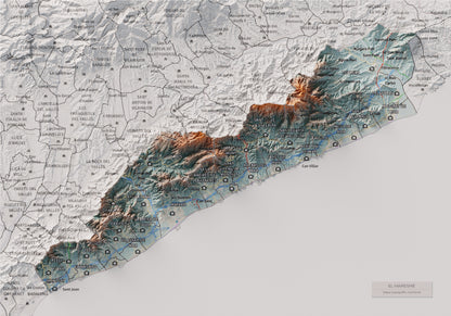 Mapa de relleu del Maresme, amb el territori en color i l’entorn en blanc. Vista completa de la làmina. 21 × 30 cm. Estil Blau i taronja.