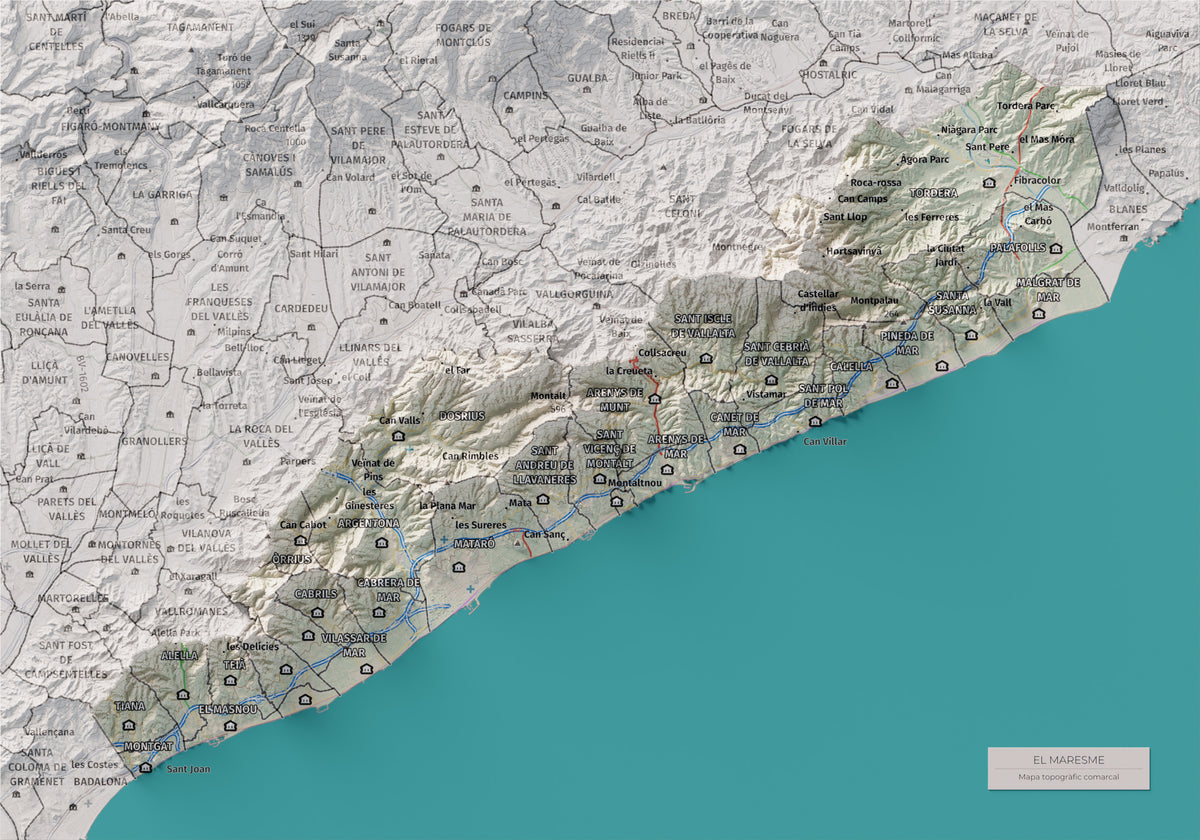 Mapa de relleu del Maresme, amb el territori en color i l’entorn en blanc. Vista completa de la làmina. 21 × 30 cm. Estil Cartogràfic.