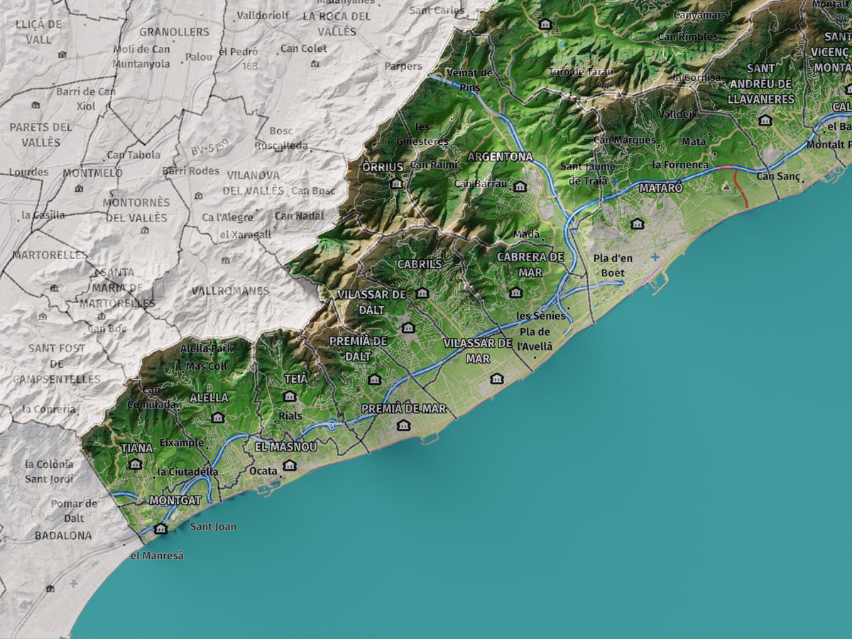 Mapa de relleu del Maresme, amb el territori en color i l’entorn en blanc. Detall de la part inferior esquerra. 30 × 40 cm. Estil Clàssic.