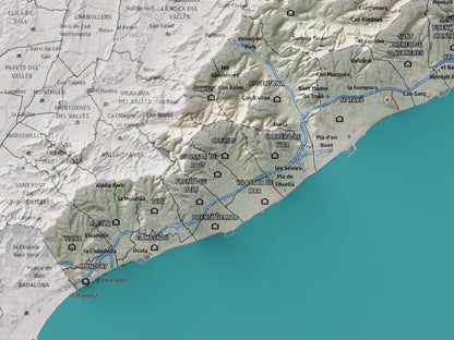 Mapa de relleu del Maresme, amb el territori en color i l’entorn en blanc. Detall de la part inferior esquerra. 30 × 40 cm. Estil Cartogràfic.