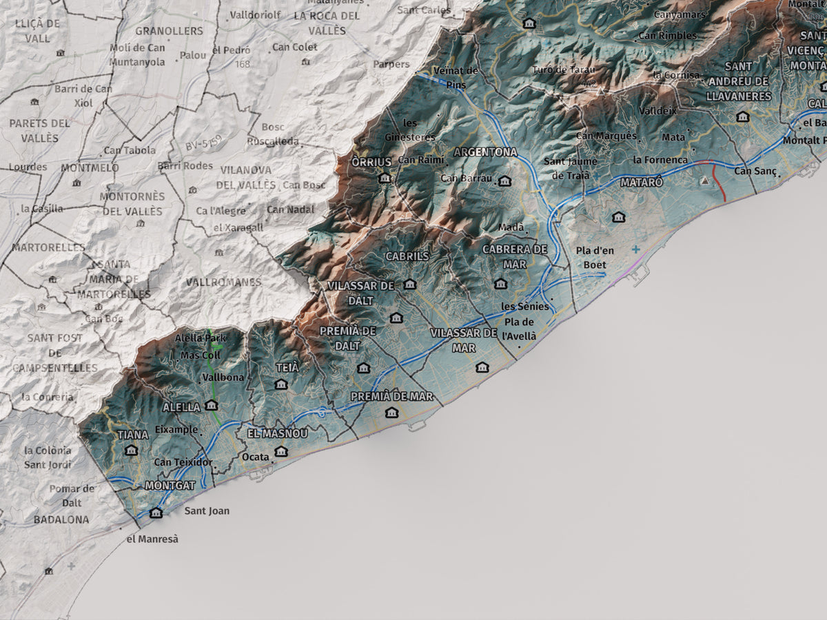 Mapa de relleu del Maresme, amb el territori en color i l’entorn en blanc. Detall de la part inferior esquerra. 30 × 40 cm. Estil Blau i taronja.