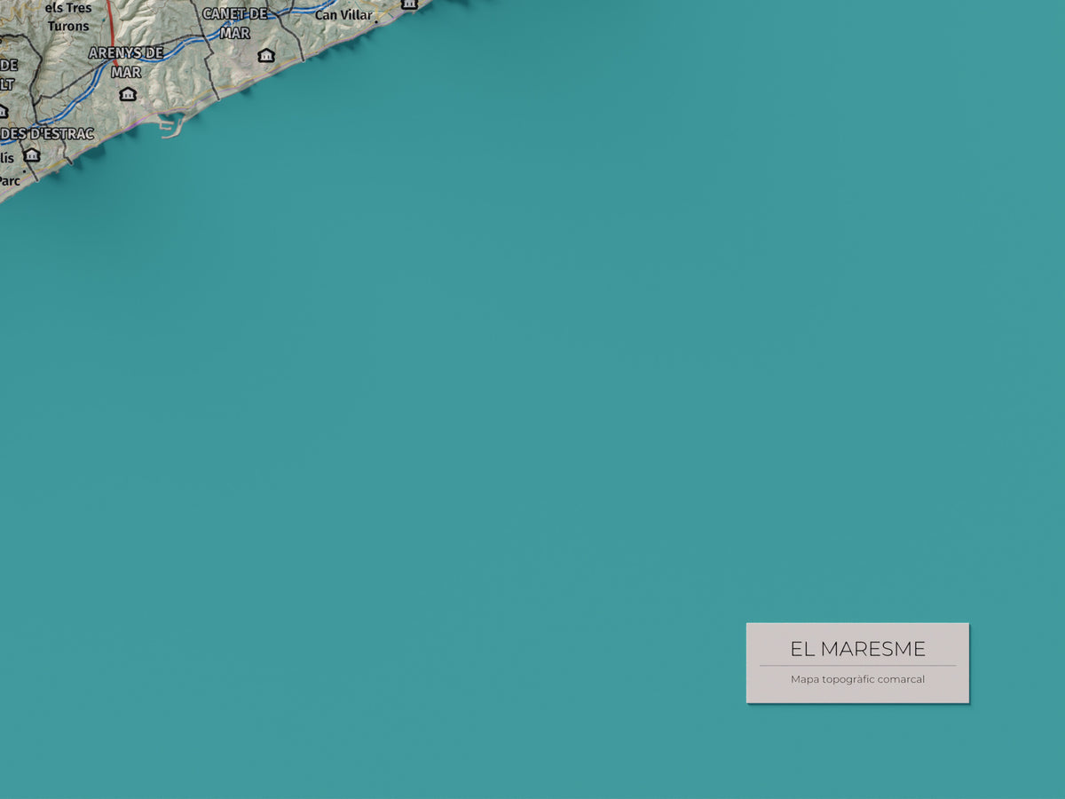 Mapa de relleu del Maresme, amb el territori en color i l’entorn en blanc. Detall de la part inferior dreta. 30 × 40 cm. Estil Cartogràfic.