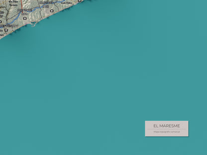 Mapa de relleu del Maresme, amb el territori en color i l’entorn en blanc. Detall de la part inferior dreta. 30 × 40 cm. Estil Cartogràfic.