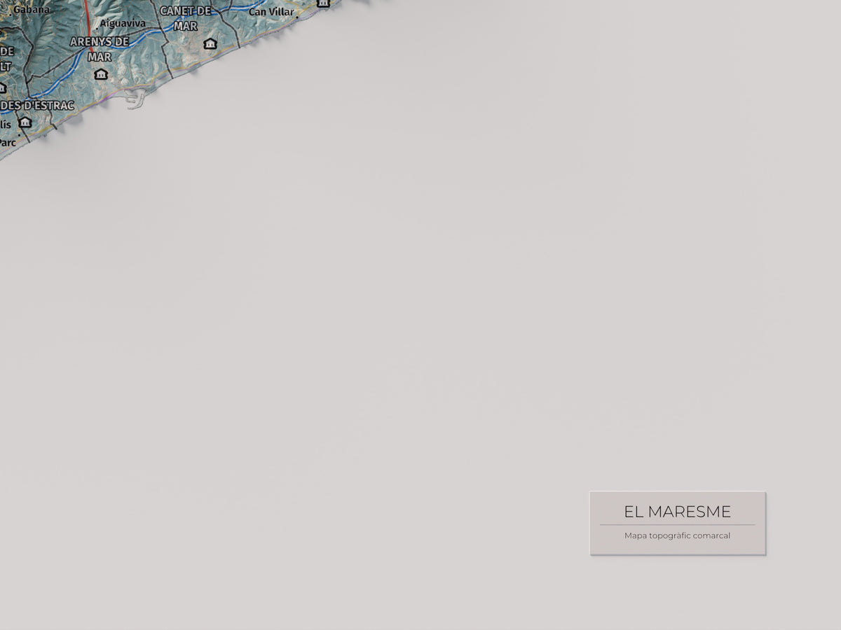 Mapa de relleu del Maresme, amb el territori en color i l’entorn en blanc. Detall de la part inferior dreta. 30 × 40 cm. Estil Blau i taronja.