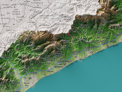 Mapa de relleu del Maresme, amb el territori en color i l’entorn en blanc. Detall de la part central. 30 × 40 cm. Estil Clàssic.