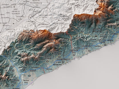 Mapa de relleu del Maresme, amb el territori en color i l’entorn en blanc. Detall de la part central. 30 × 40 cm. Estil Blau i taronja.