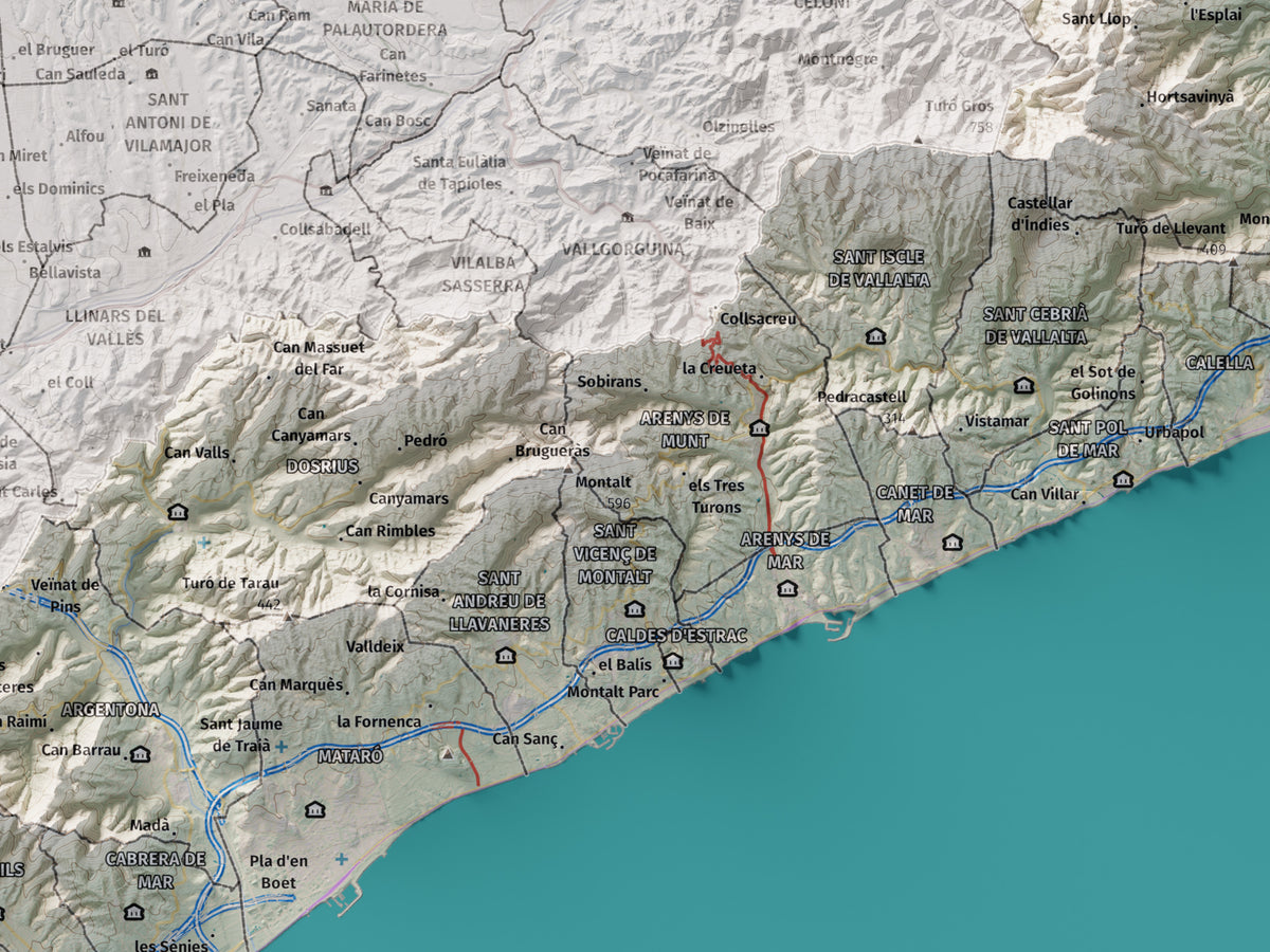 Mapa de relleu del Maresme, amb el territori en color i l’entorn en blanc. Detall de la part central. 30 × 40 cm. Estil Cartogràfic.