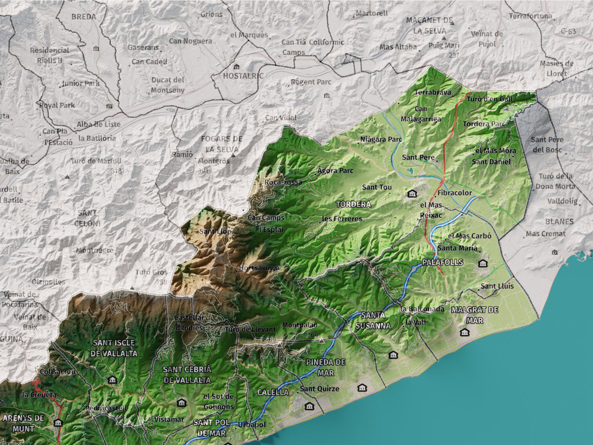 Mapa de relleu del Maresme, amb el territori en color i l’entorn en blanc. Detall de la part superior dreta. 30 × 40 cm. Estil Clàssic.