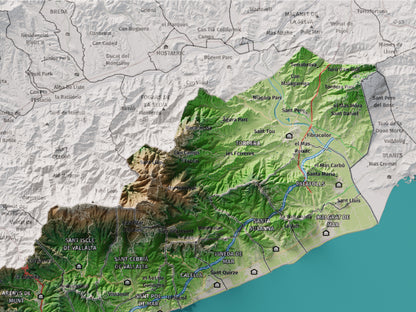 Mapa de relleu del Maresme, amb el territori en color i l’entorn en blanc. Detall de la part superior dreta. 30 × 40 cm. Estil Clàssic.