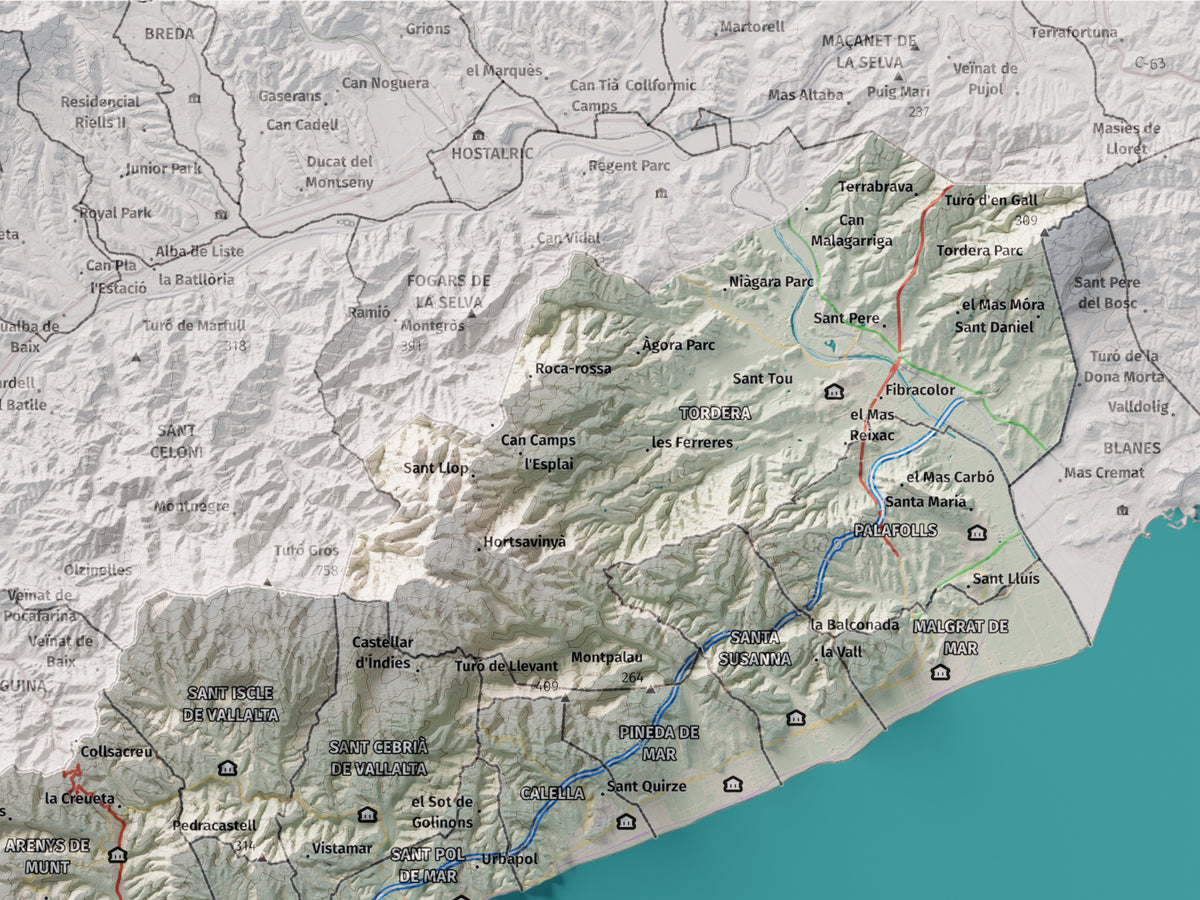 Mapa de relleu del Maresme, amb el territori en color i l’entorn en blanc. Detall de la part superior dreta. 30 × 40 cm. Estil Cartogràfic.