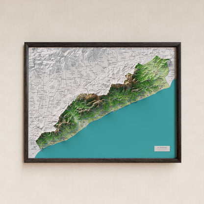 Mapa de relleu del Maresme, amb el territori en color i l’entorn en blanc. Presentació amb marc. 30 × 40 cm. Estil Clàssic.
