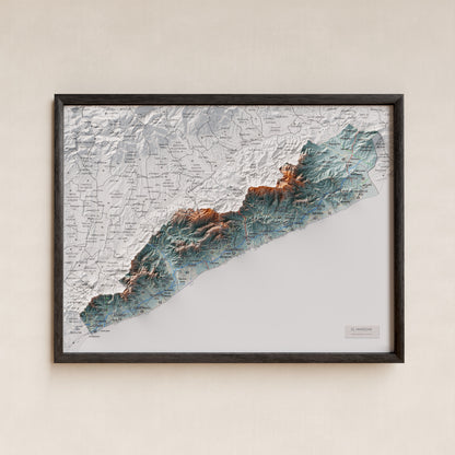 Mapa de relleu del Maresme, amb el territori en color i l’entorn en blanc. Presentació amb marc. 30 × 40 cm. Estil Blau i taronja.