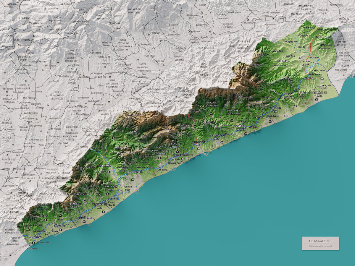 Mapa de relleu del Maresme, amb el territori en color i l’entorn en blanc. Vista completa de la làmina. 30 × 40 cm. Estil Clàssic.