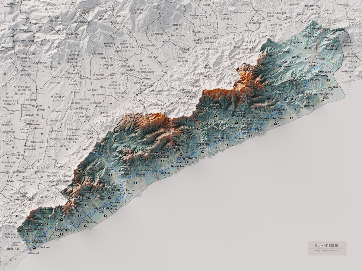 Mapa de relleu del Maresme, amb el territori en color i l’entorn en blanc. Vista completa de la làmina. 30 × 40 cm. Estil Blau i taronja.