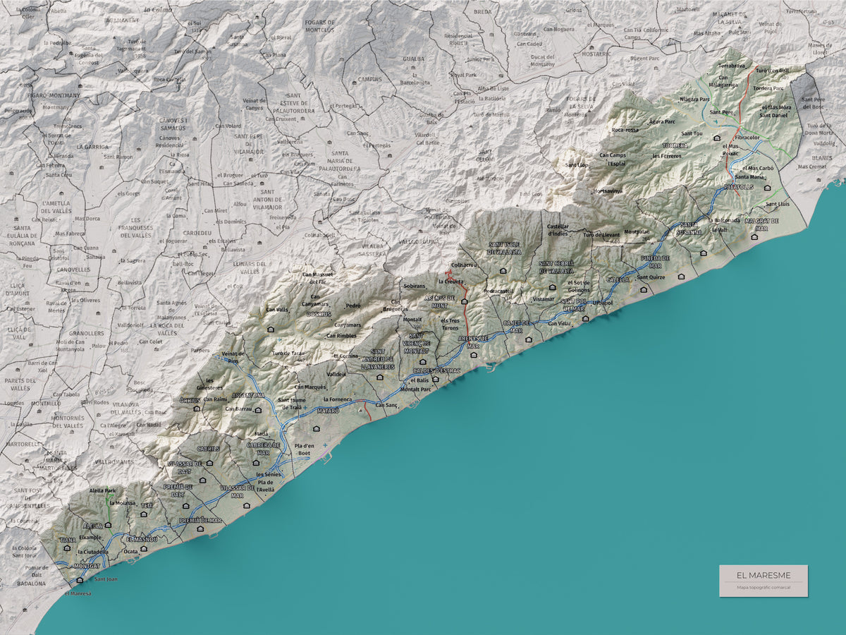 Mapa de relleu del Maresme, amb el territori en color i l’entorn en blanc. Vista completa de la làmina. 30 × 40 cm. Estil Cartogràfic.