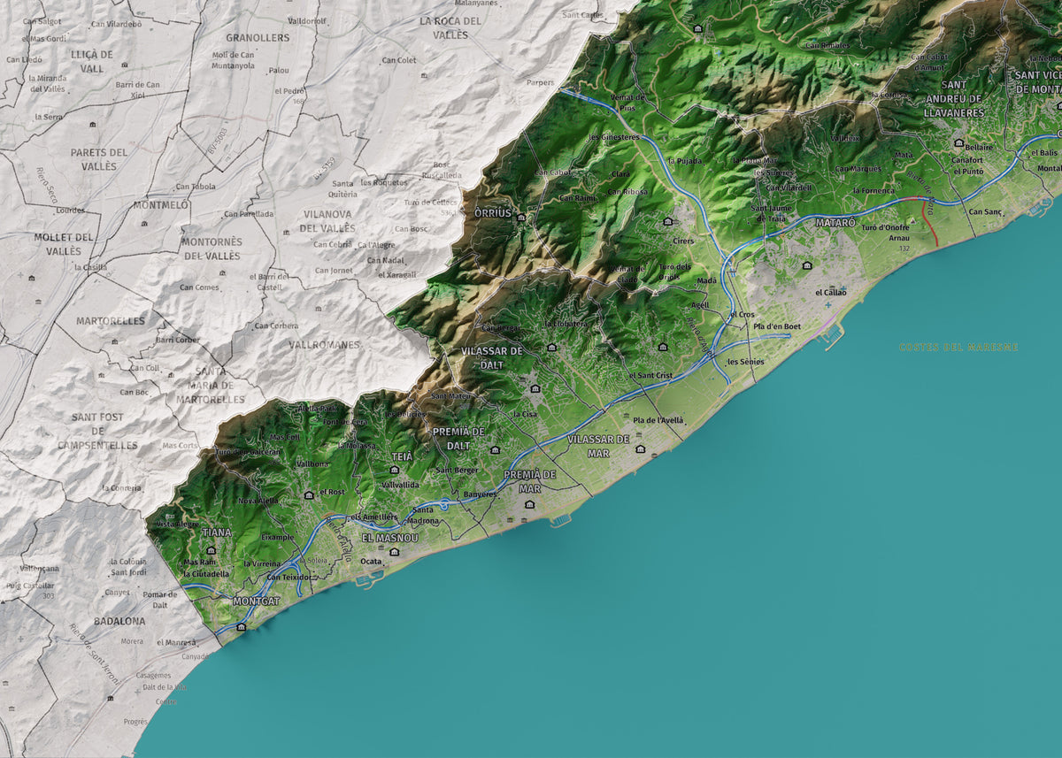 Mapa de relleu del Maresme, amb el territori en color i l’entorn en blanc. Detall de la part inferior esquerra. 50 × 70 cm. Estil Clàssic.