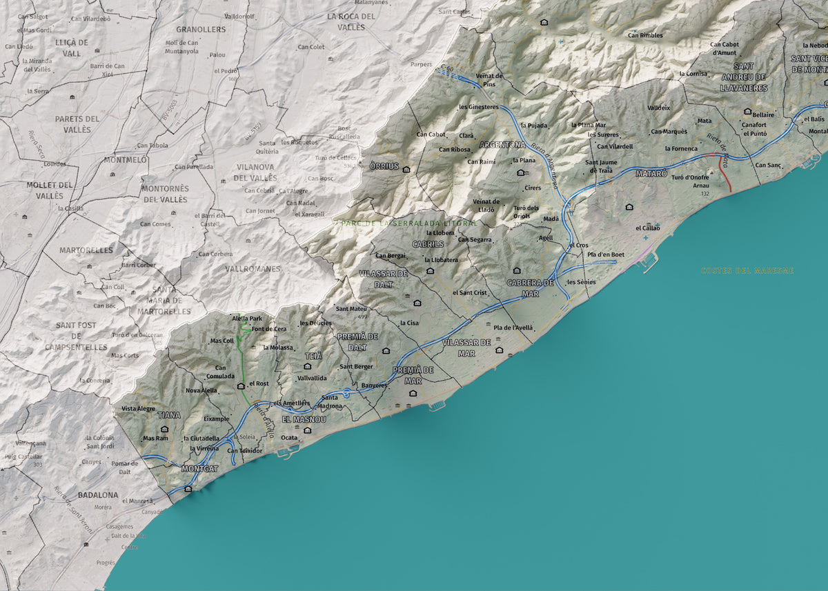 Mapa de relleu del Maresme, amb el territori en color i l’entorn en blanc. Detall de la part inferior esquerra. 50 × 70 cm. Estil Cartogràfic.