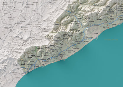 Mapa de relleu del Maresme, amb el territori en color i l’entorn en blanc. Detall de la part inferior esquerra. 50 × 70 cm. Estil Cartogràfic.