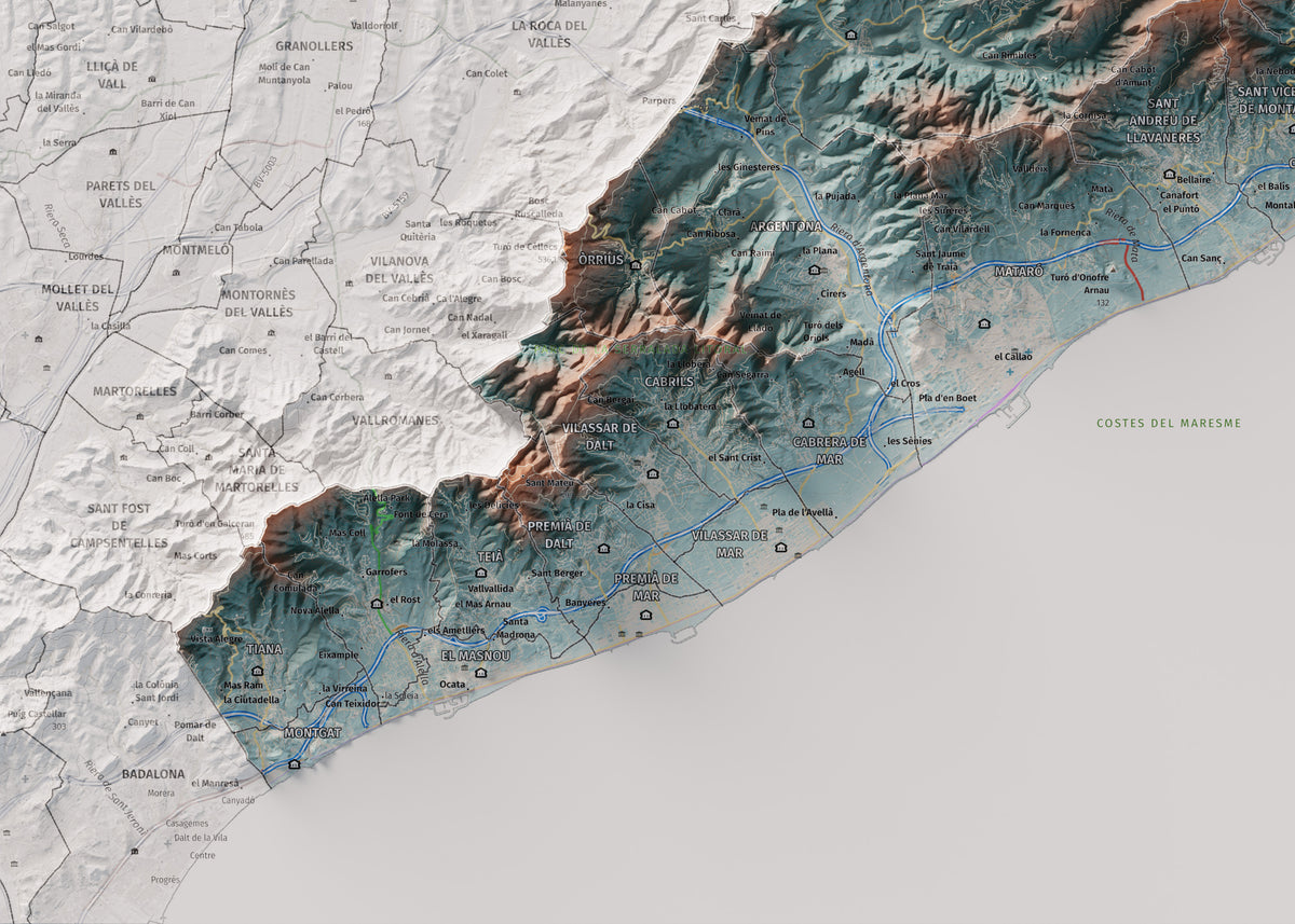 Mapa de relleu del Maresme, amb el territori en color i l’entorn en blanc. Detall de la part inferior esquerra. 50 × 70 cm. Estil Blau i taronja.
