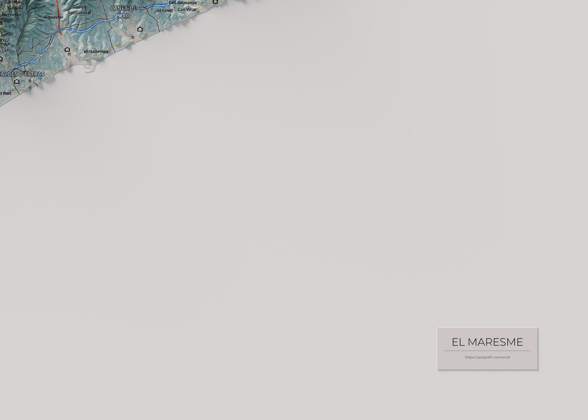 Mapa de relleu del Maresme, amb el territori en color i l’entorn en blanc. Detall de la part inferior dreta. 50 × 70 cm. Estil Blau i taronja.
