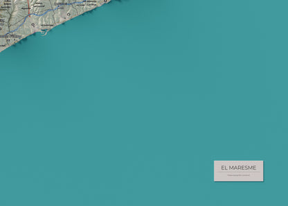 Mapa de relleu del Maresme, amb el territori en color i l’entorn en blanc. Detall de la part inferior dreta. 50 × 70 cm. Estil Cartogràfic.