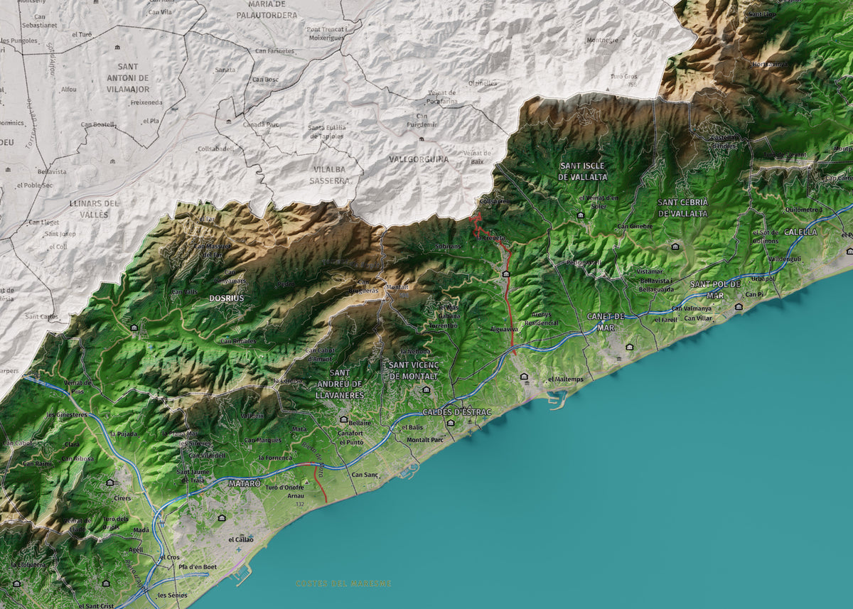 Mapa de relleu del Maresme, amb el territori en color i l’entorn en blanc. Detall de la part central. 50 × 70 cm. Estil Clàssic.