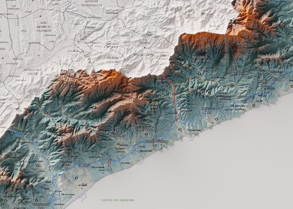 Mapa de relleu del Maresme, amb el territori en color i l’entorn en blanc. Detall de la part central. 50 × 70 cm. Estil Blau i taronja.